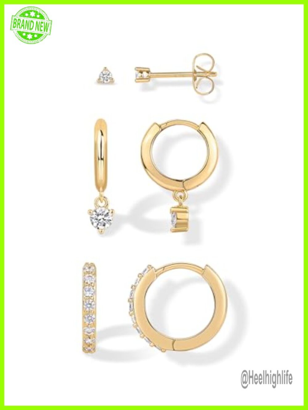 18K Gold Plated 3 Pairs Earrings for Women Stud Huggie Piercing Set